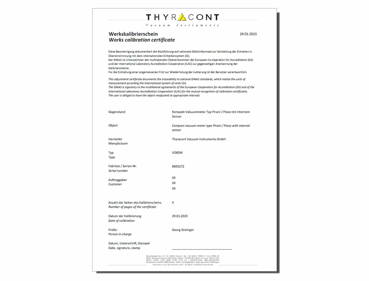 Thyracont DCERT étalonnage usine numérique