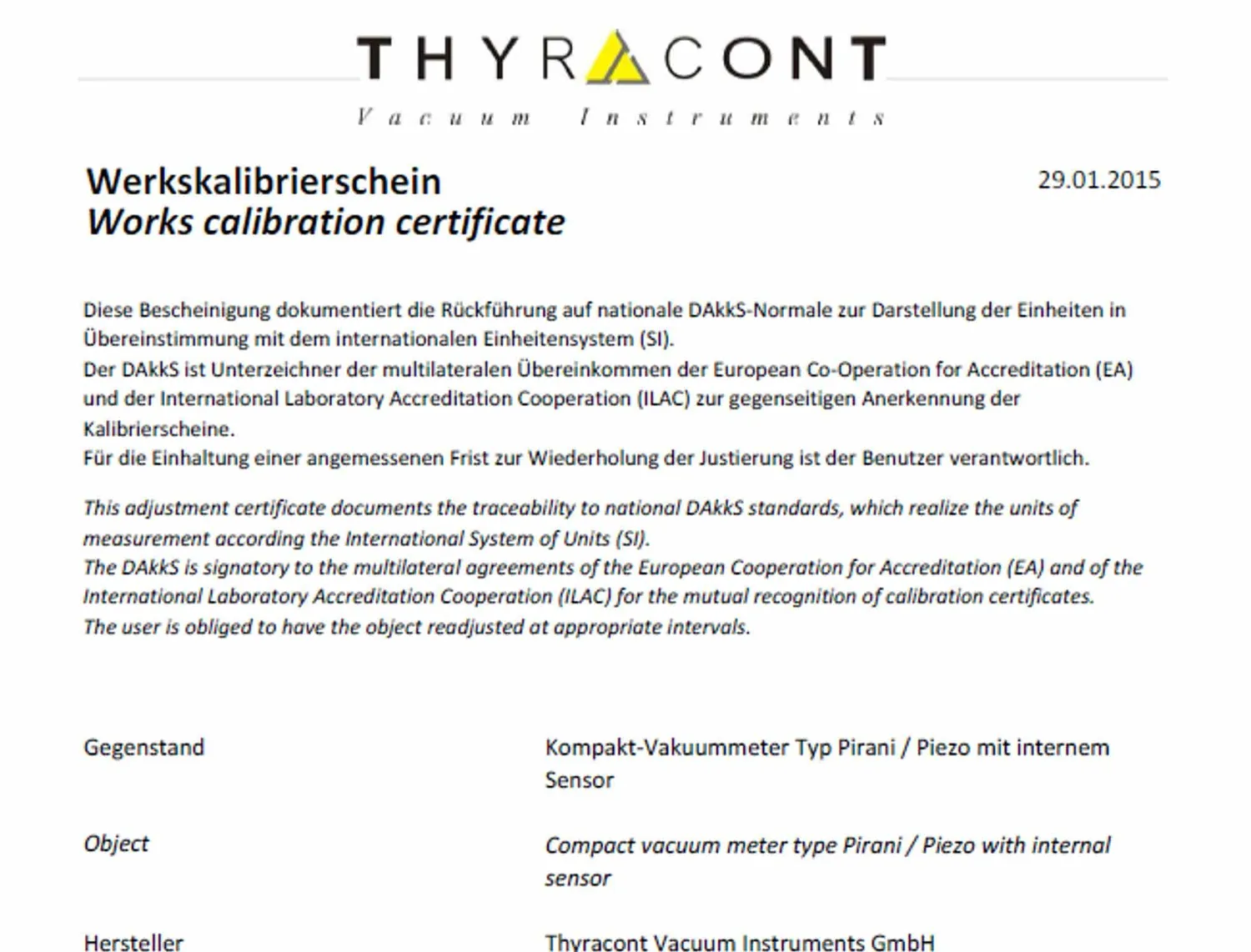 Thyracont DCERT étalonnage usine numérique