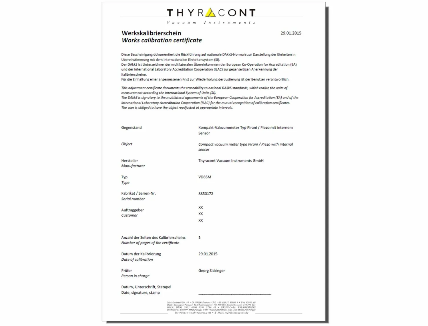 Thyracont DCERT étalonnage usine numérique