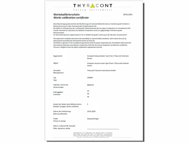 Thyracont DCERT étalonnage usine numérique