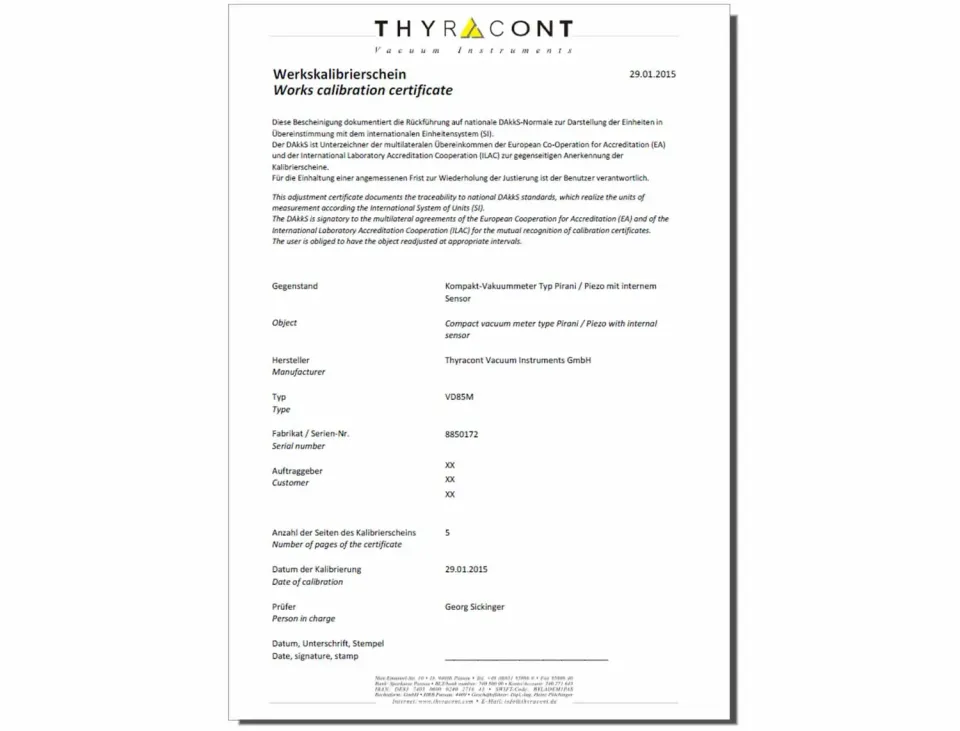 Thyracont DCERTHV étalonnage usine numérique vide poussé